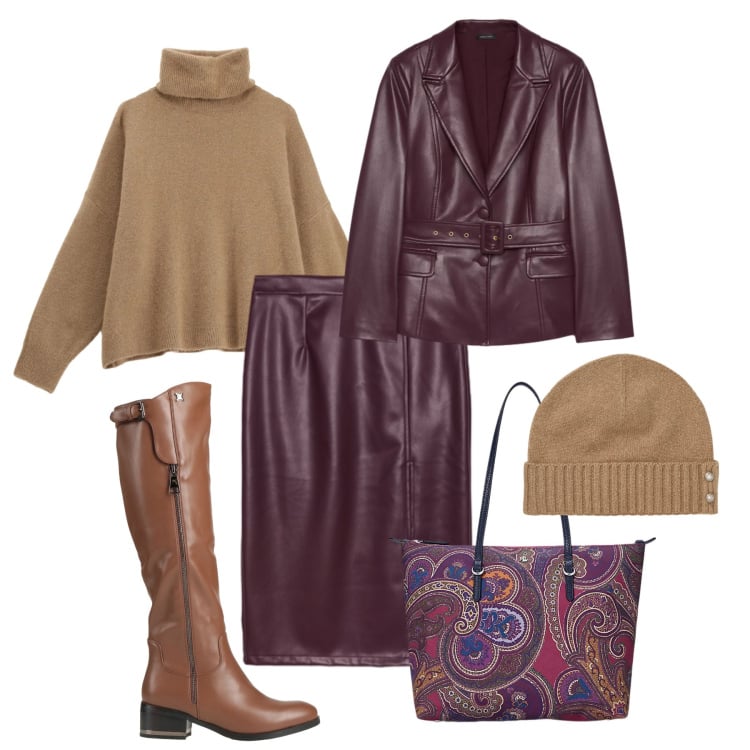 Outfit donna - Stivali alti glam city. Stile Glamour per Tutti i giorni. Abbinamento con stivali, maglieria, borse tote, berretti, gonne longuette, blazer.