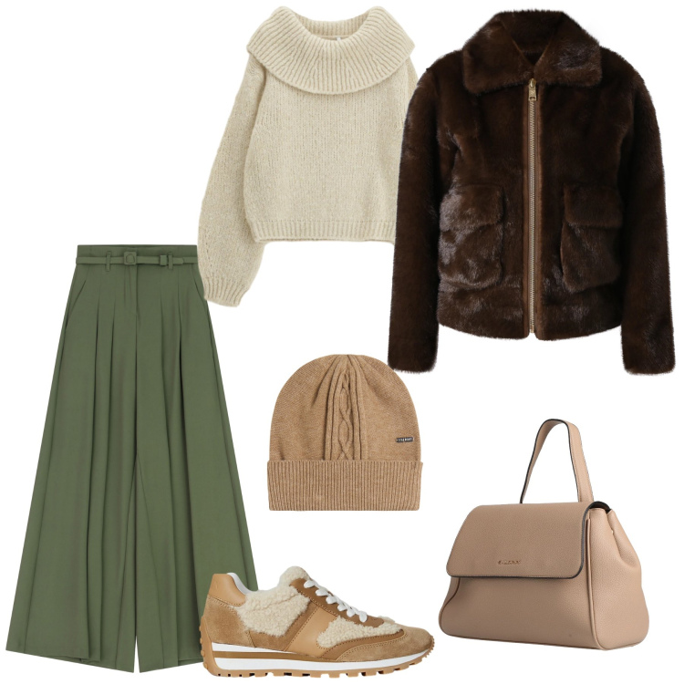 Outfit donna - Cozy. Stile Urban per Tutti i giorni. Abbinamento con zaini, pantaloni a palazzo, maglieria, berretti, sneakers, ecopellicce.