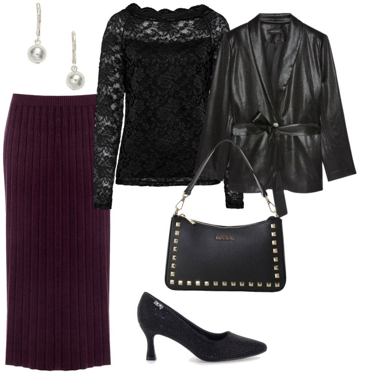 Outfit donna - Serata elegante. per Serata fuori. Abbinamento con maglieria, pochette, gonne longuette, orecchini, décolleté, blazer.