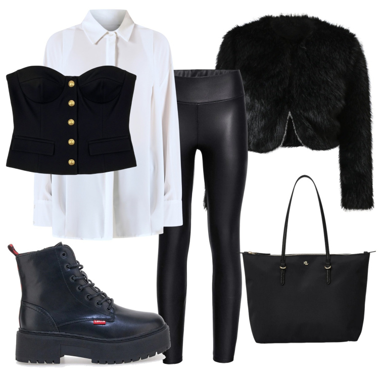 Outfit donna - Black & White Power Chic. Stile Urban per Tutti i giorni. Abbinamento con leggings, borse tote, blazer, camicie, top, anfibi.