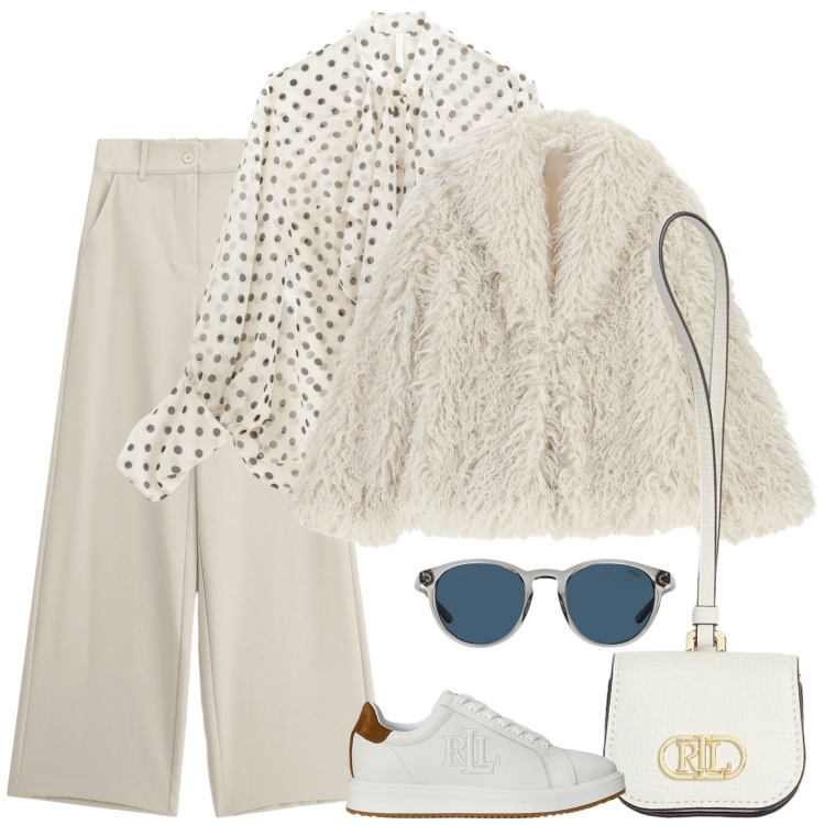 Outfit donna - Delicatamente. Stile Casual chic per Ufficio. Abbinamento con pantaloni a palazzo, camicie, ecopellicce, pochette, occhiali da sole, sneakers.