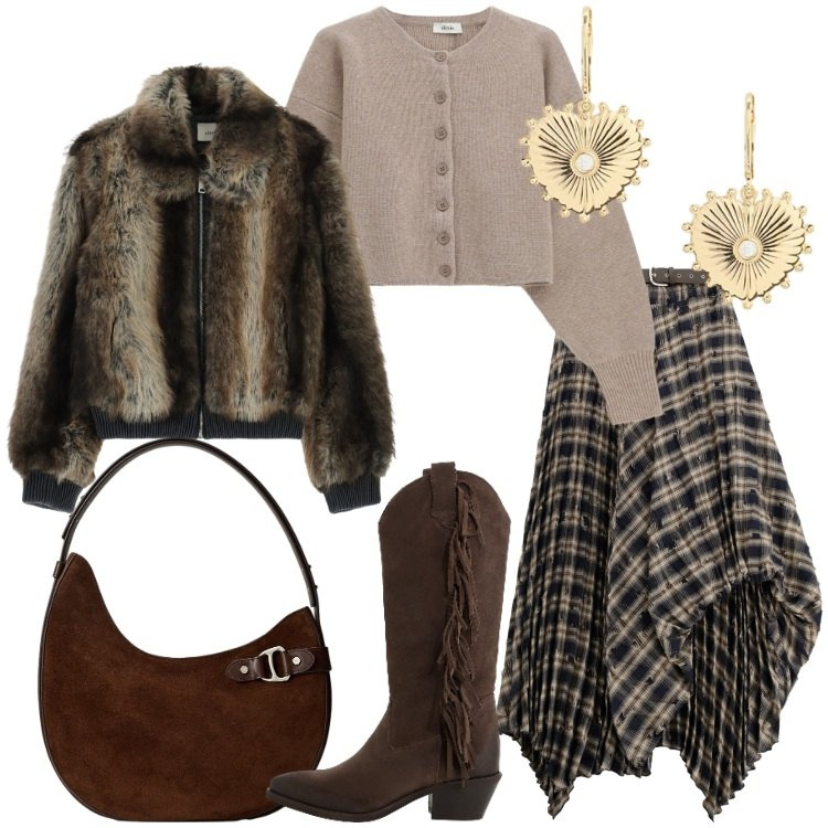 Outfit donna - Dixie - Saldi FW 2025. Stile Urban per Tutti i giorni. Abbinamento con borse a spalla, orecchini, gonne lunghe, stivali, cardigans, blazer.