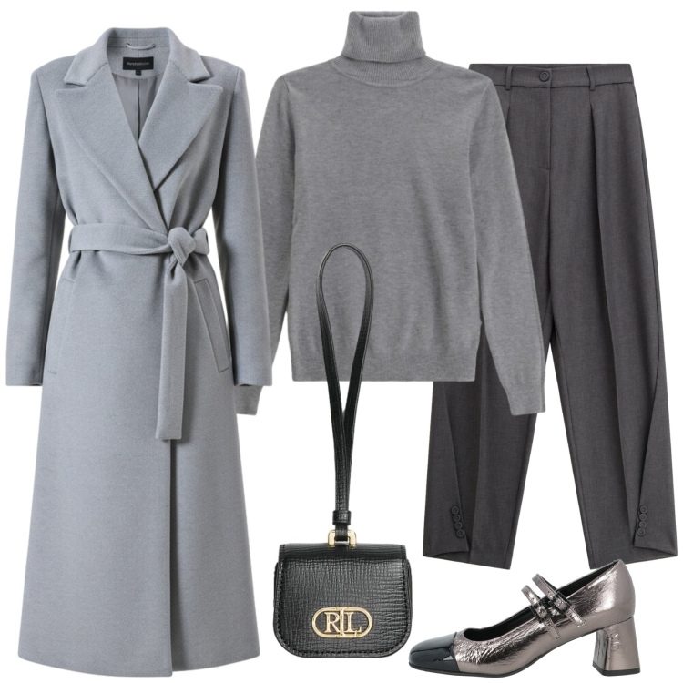 Outfit donna - Minimal chic. Stile Minimal per Ufficio. Abbinamento con décolleté, maglieria, pantaloni, pochette, cappotti.