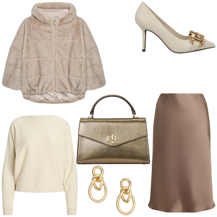 Outfit donna - Serata a teatro. Stile Chic per Serata fuori. Abbinamento con décolleté, orecchini, gonne, maglieria, borse a mano, ecopellicce.