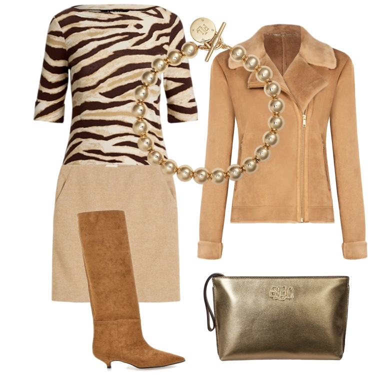 Outfit donna - Safari glamour. Stile Glamour per Serata fuori. Abbinamento con gonne, braccialetti, t-shirt, pochette, giacche, stivali.