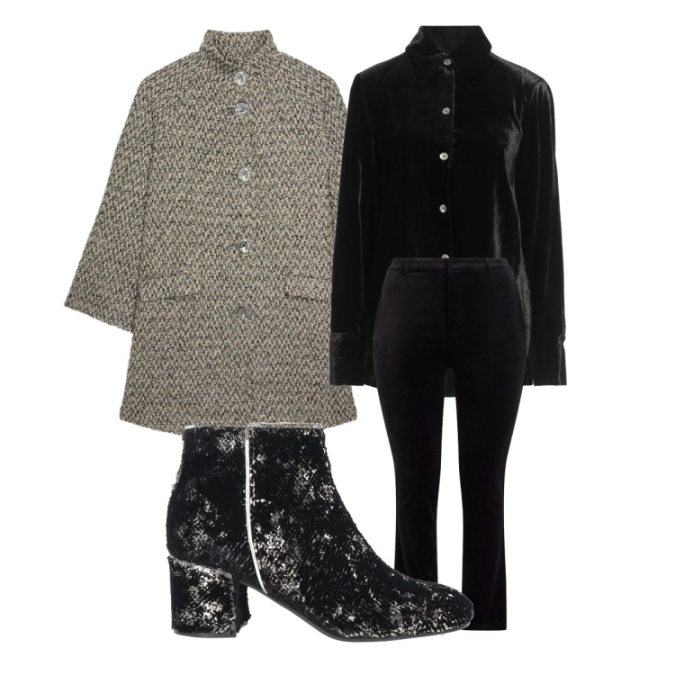 Outfit donna - Serata in velluto per due chiacchiere. Stile Casual chic per Serata fuori. Abbinamento con camicie, stivaletti, pantaloni, cappotti.