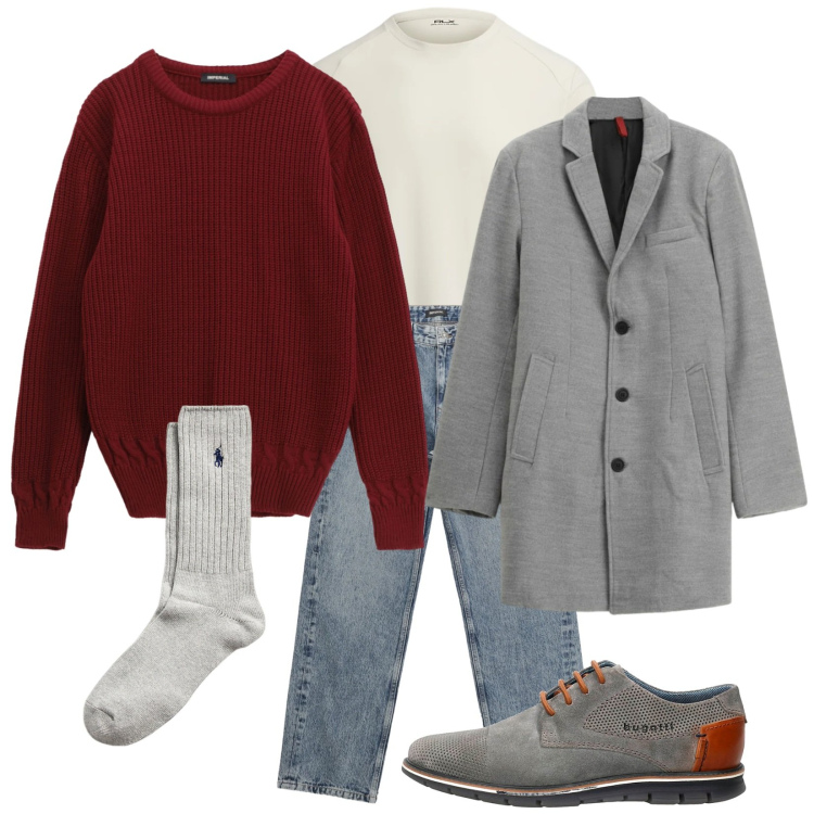 Outfit uomo - Aperitivo?. Stile Trendy per Tutti i giorni. Abbinamento con jeans dritti, maglieria, cappotti, calzini, t-shirt, scarpe stringate.