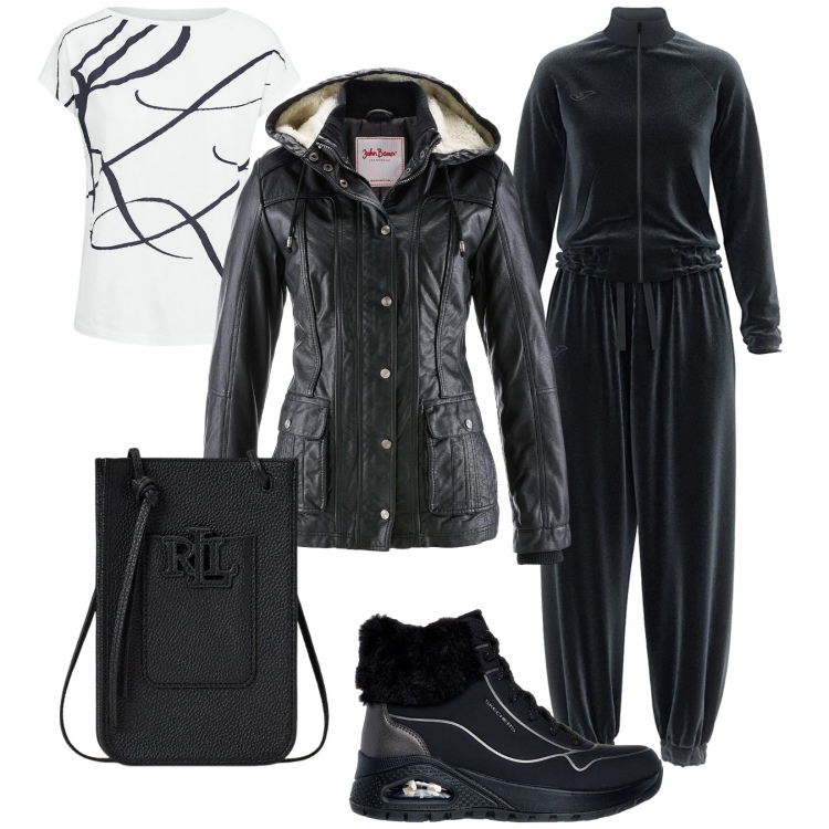 Outfit donna - Sportychic in black. Stile Sporty chic per Tutti i giorni. Abbinamento con blazer, maglieria, borse a tracolla, sneakers alte, tute.