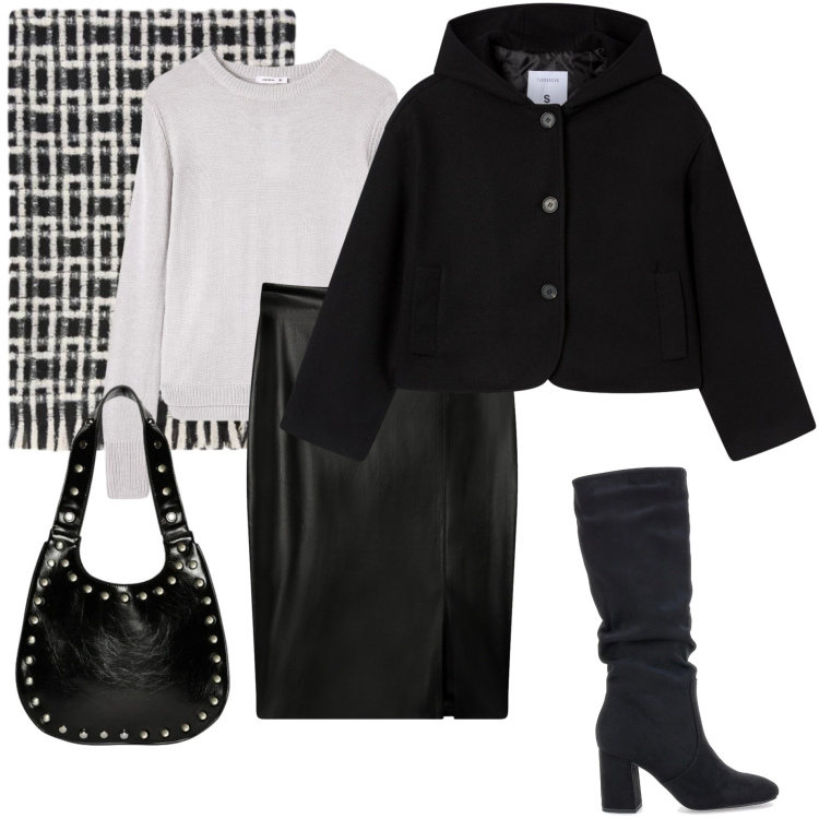 Outfit donna - Stivali al ginocchio. Stile Urban per Ufficio. Abbinamento con gonne longuette, caban, maglieria, stivali sopra il ginocchio, borse a spalla, sciarpe.