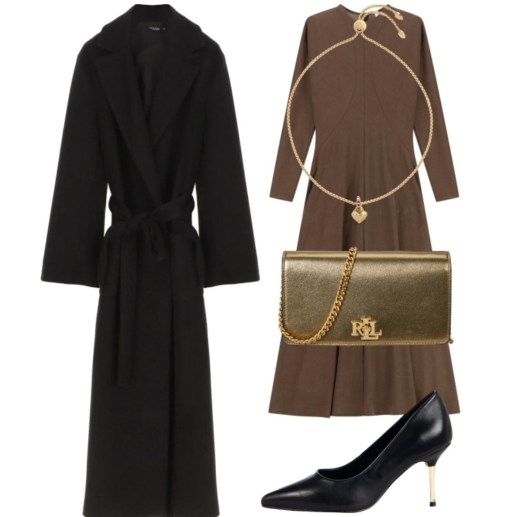 Outfit donna - Il cappotto 2026. Stile Chic per Serata fuori. Abbinamento con cappotti, vestiti lunghi, braccialetti, borse a mano, décolleté.