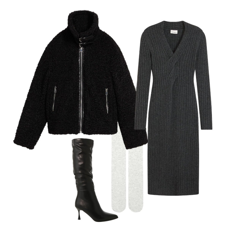 Outfit donna - Serata tra amici. Stile Basic per Serata fuori. Abbinamento con ecopellicce, vestiti, collant, stivali sopra il ginocchio.