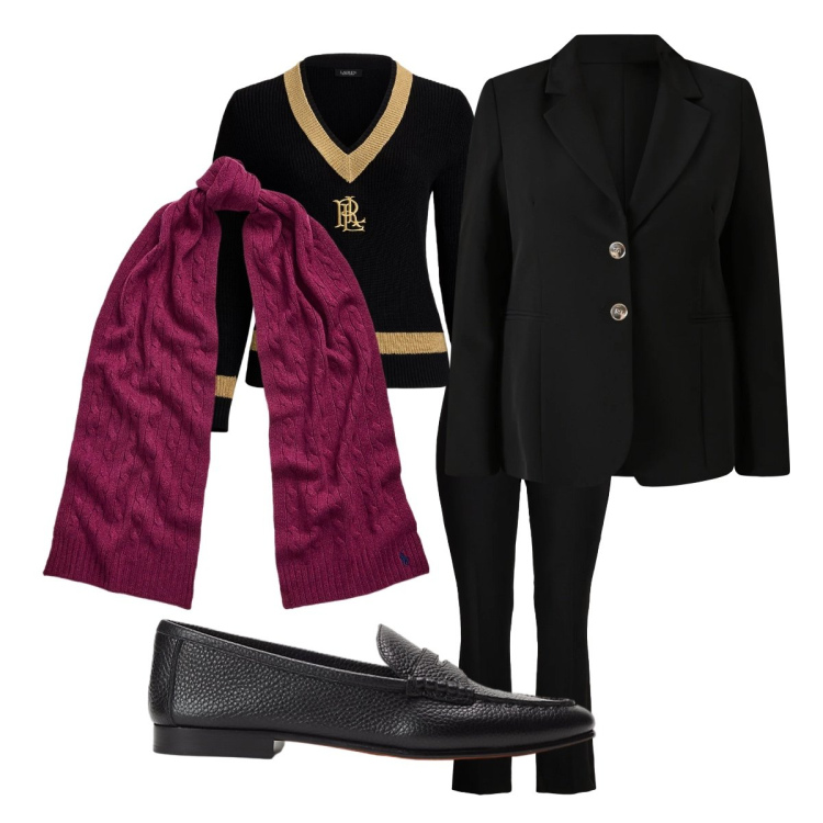 Outfit donna - Serata a teatro. Stile Casual chic per Serata fuori. Abbinamento con blazer, sciarpe, mocassini, pantaloni, maglieria.