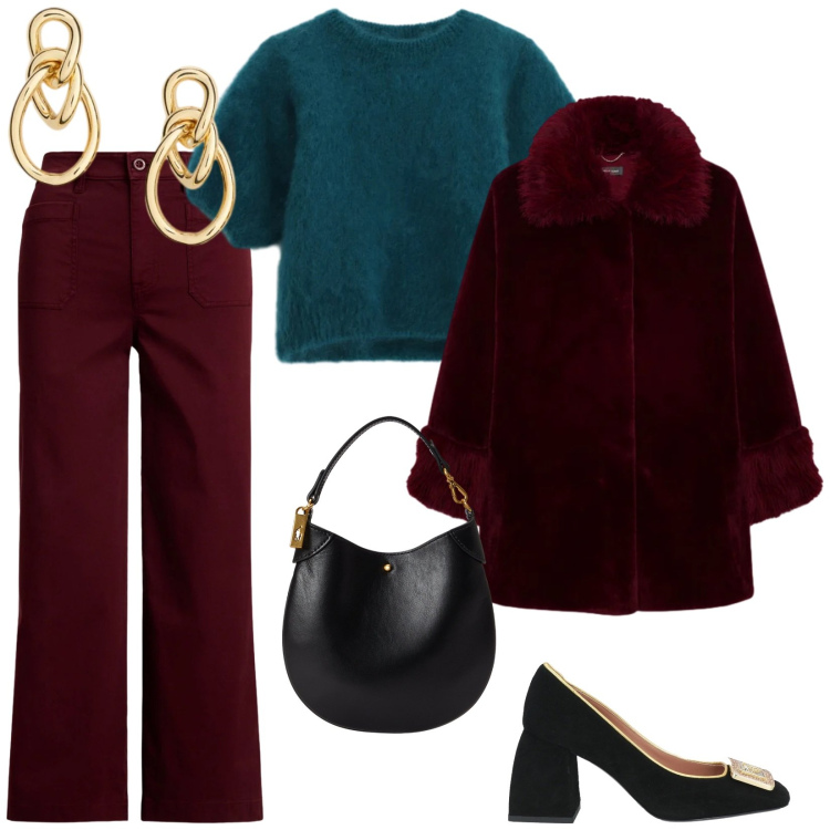 Outfit donna - Serata elegante. per Serata fuori. Abbinamento con décolleté, t-shirt, pantaloni, pochette, orecchini, cappotti.