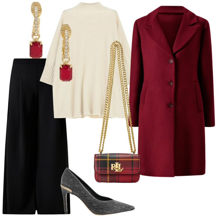 Outfit donna - Serata elegante. per Serata fuori. Abbinamento con décolleté, cappotti, pantaloni a palazzo, maglieria, orecchini, pochette.