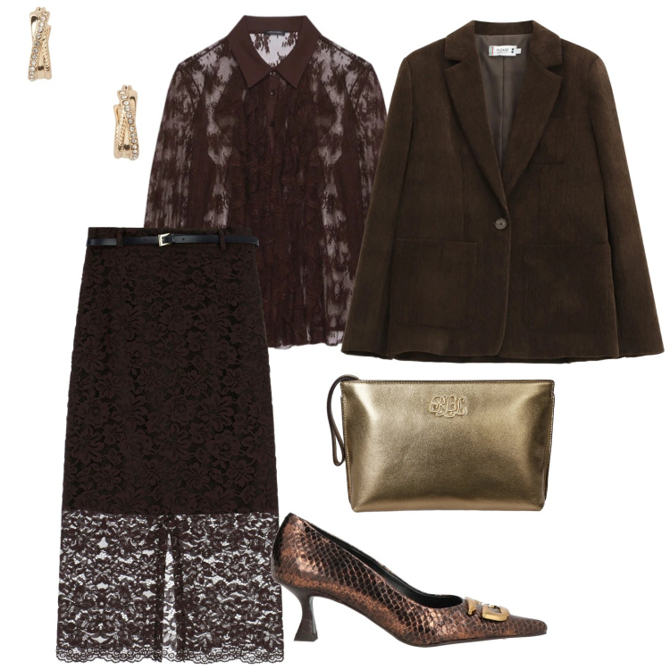 Outfit donna - Serata elegante. per Serata fuori. Abbinamento con décolleté, gonne lunghe, blazer, orecchini, pochette, camicie.
