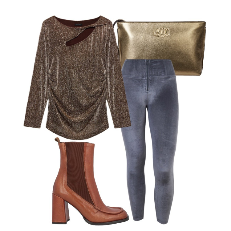 Outfit donna - Serata elegante. Stile Glamour per Serata fuori. Abbinamento con stivaletti chelsea, pantaloni skinny, pochette, bluse.