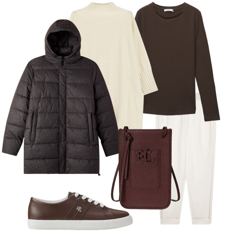 Outfit donna - Al supermercato. Stile Casual per Tutti i giorni. Abbinamento con maglieria, bomber, t-shirt, sneakers, borse a tracolla, pantaloni.