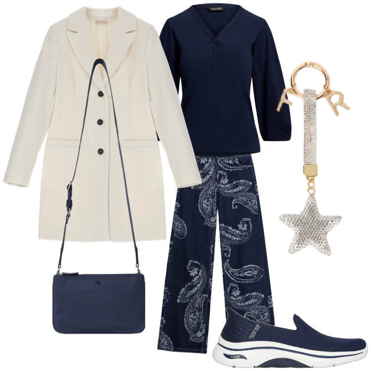 Outfit donna - Total look #2320898. Stile Trendy per Tutti i giorni. Abbinamento con jeans, cappotti, borse a tracolla, maglieria, sneakers, portachiavi.