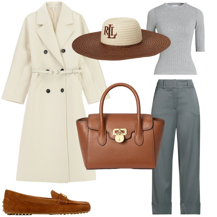 Outfit donna - Semplicità urbana. Stile Glamour per Scuola/Università. Abbinamento con pullovers, pantaloni, cappotti, cappelli, mocassini, borse a mano.