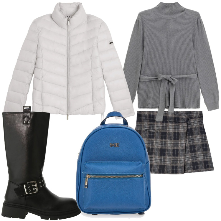 Outfit donna - Passeggiata glamour. Stile Preppy per Scuola/Università. Abbinamento con minigonne, maglieria, stivali, piumini, zaini.