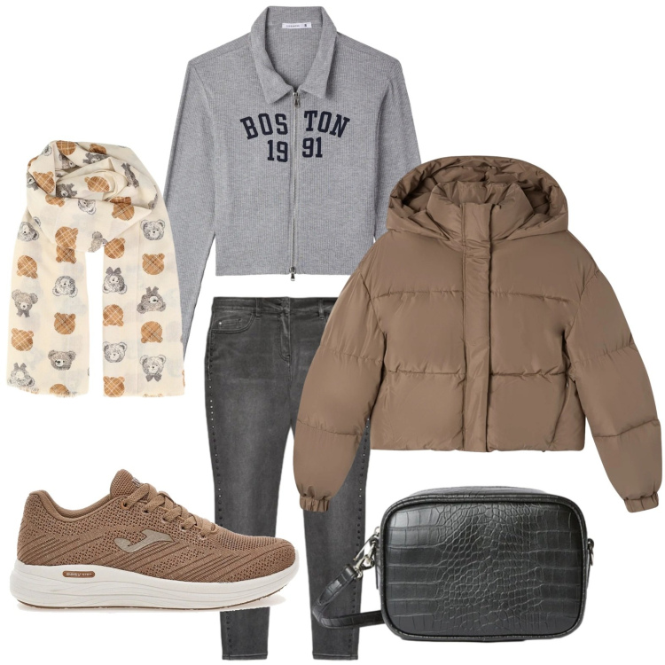 Outfit donna - Orsetti e frange. Stile Casual per Tutti i giorni. Abbinamento con bomber, felpe, foulard, sneakers, borse a tracolla, jeans skinny.