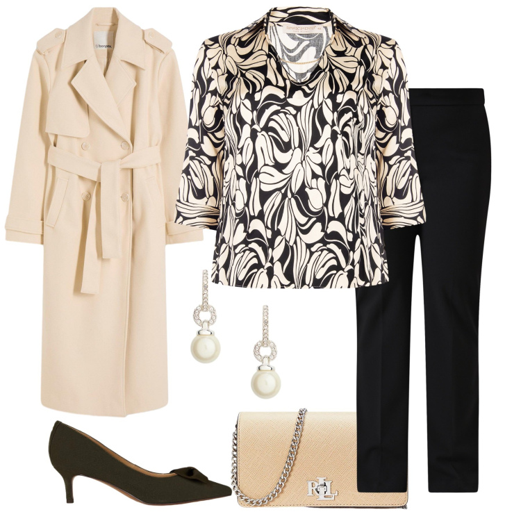 Outfit donna - Minimal e Chic. Stile Minimal per Serata fuori. Abbinamento con trench, orecchini, borse a tracolla, décolleté, bluse, pantaloni a palazzo.