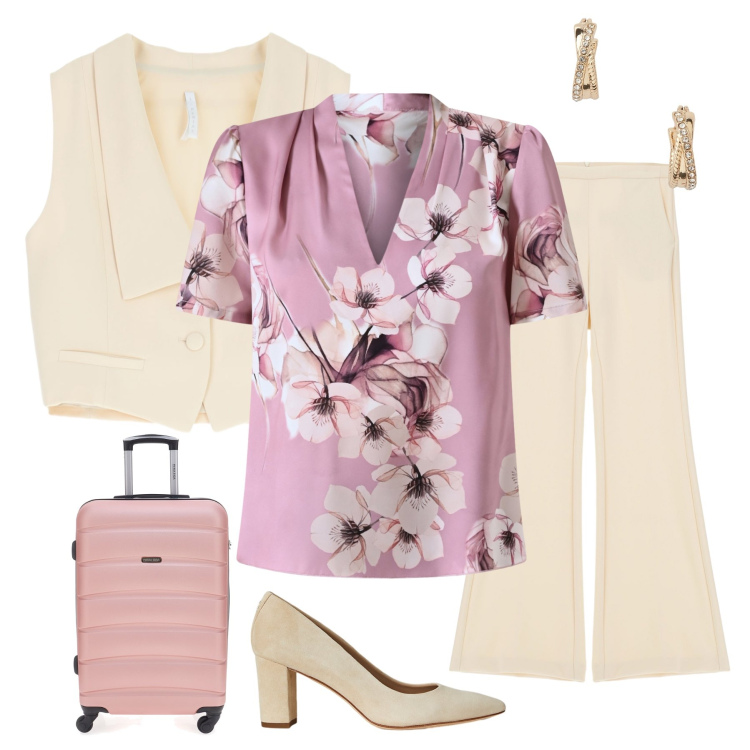 Outfit donna - Blooming Journey in Cream & Mauve. Stile Casual chic per Tutti i giorni. Abbinamento con pantaloni, gilet, orecchini, décolleté, bluse, valigie.