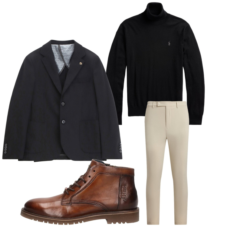 Outfit uomo - Elegante. Stile Business/Elegante per Ufficio. Abbinamento con giacche, pantaloni, maglieria, stivali e stivaletti.