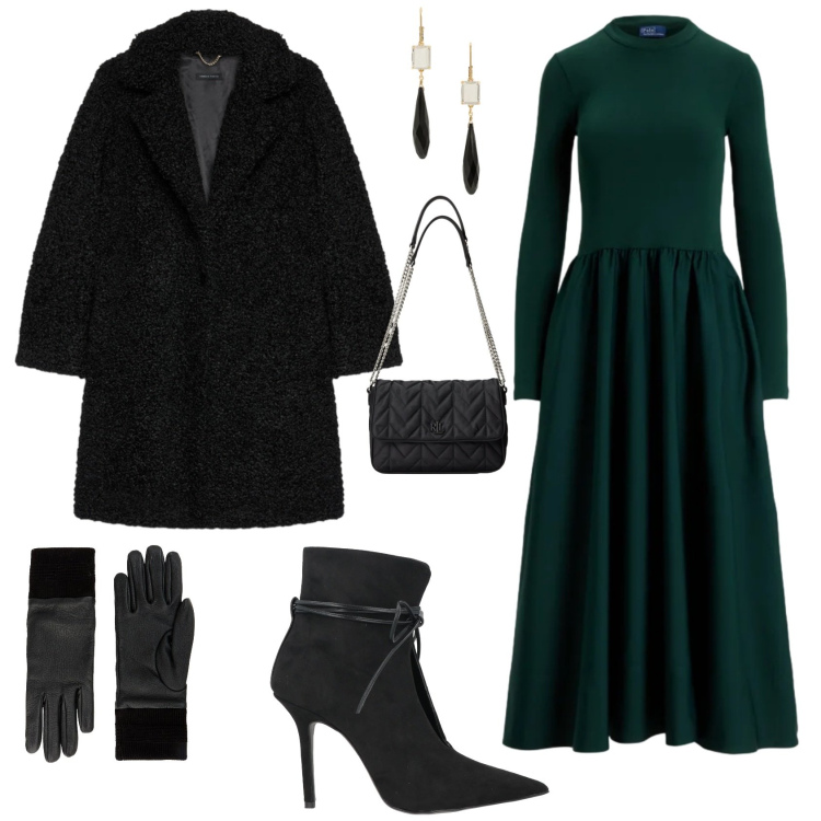 Outfit donna - Chic serata evento speciale. Stile Chic per Serata fuori. Abbinamento con stivaletti, guanti, borse a tracolla, orecchini, vestiti, cappotti.