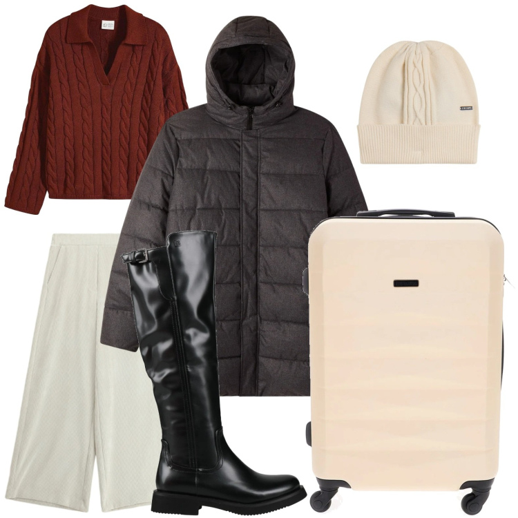 Outfit donna - Viaggiare con eleganza. Stile Glamour per Tutti i giorni. Abbinamento con maglieria, stivali, bomber, pantaloni a palazzo, berretti, valigie.