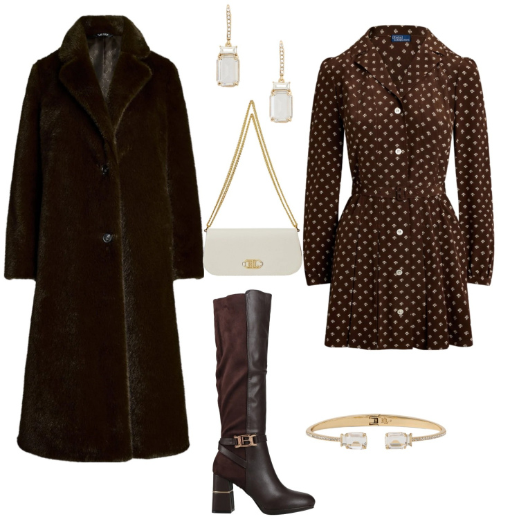 Outfit donna - Chic serata evento speciale. Stile Chic per Serata fuori. Abbinamento con stivali, orecchini, braccialetti, cappotti, borse a spalla, vestiti.