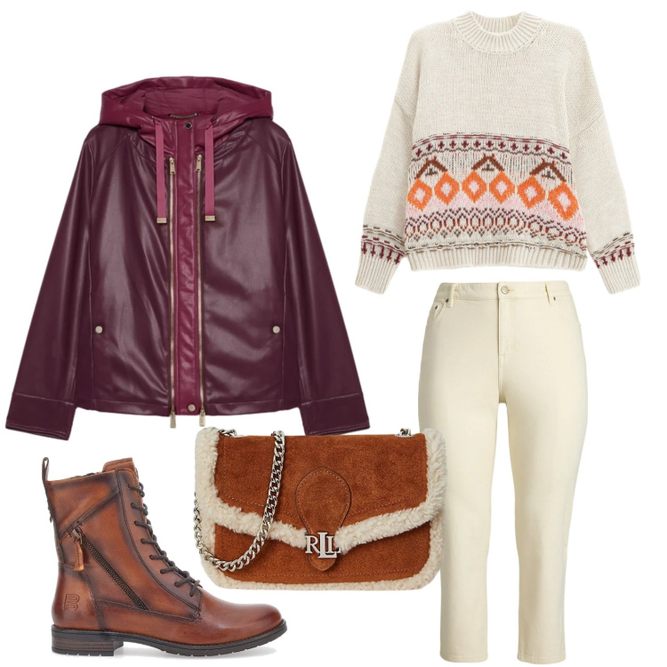 Outfit donna - Giacca biker ricercata. Stile Casual per Tutti i giorni. Abbinamento con maglieria, jeans dritti, clutch, giacche, anfibi.