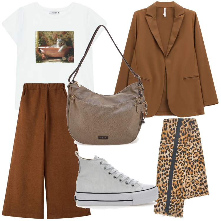 Outfit donna - Effetto savana. Stile Casual per Scuola/Università. Abbinamento con pantaloni, t-shirt, blazer, borse a spalla, foulard, sneakers alte.