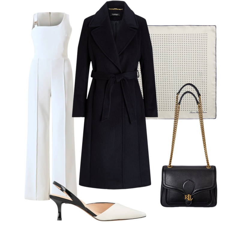 Outfit donna - Il battesimo di Clara. Stile Chic per Cerimonia. Abbinamento con décolleté, tute, foulard, cappotti, borse a spalla.