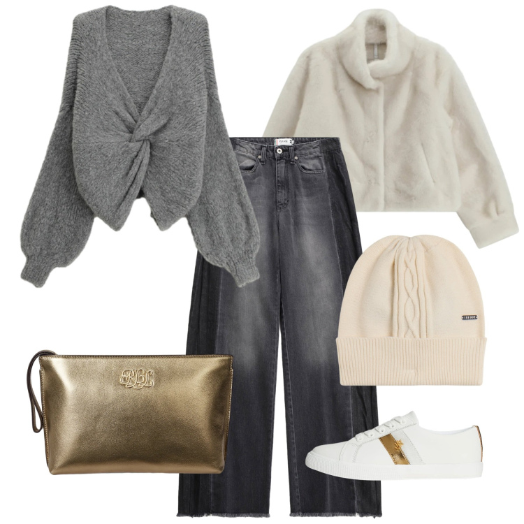 Outfit donna - Un nuovo anno, un nuovo stile. Stile Casual chic per Tutti i giorni. Abbinamento con jeans, cardigans, ecopellicce, berretti, pochette, sneakers.