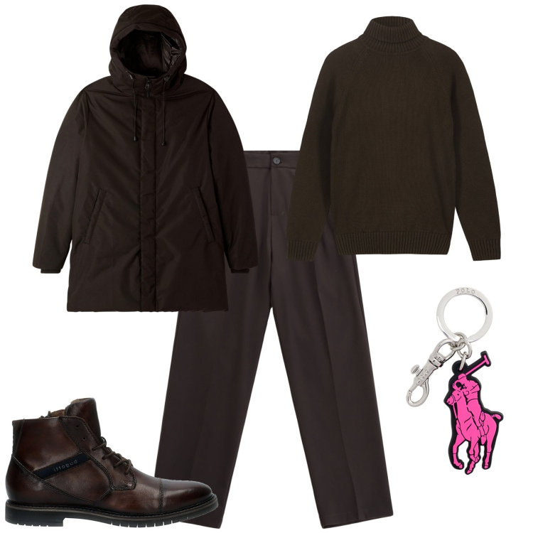 Outfit uomo - Trendy ogni giorno. Stile Trendy per Tutti i giorni. Abbinamento con parka, pantaloni, portachiavi, anfibi, pullovers.