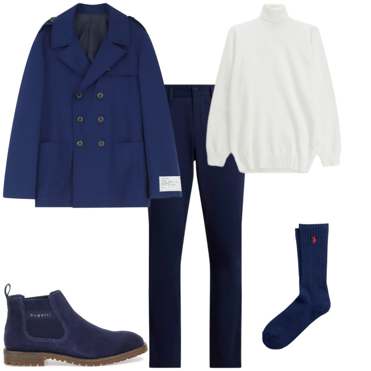 Outfit uomo - Trendy ufficio week end. Stile Trendy per Ufficio. Abbinamento con caban, maglieria, calzini, pantaloni, stivali e stivaletti.