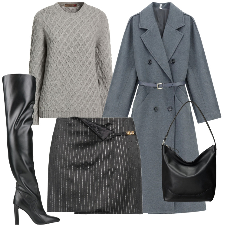 Outfit donna - Passeggiata con stivali al ginocchio. Stile Chic per Serata fuori. Abbinamento con minigonne, pullovers, stivali sopra il ginocchio, cappotti, borse a secchiello.
