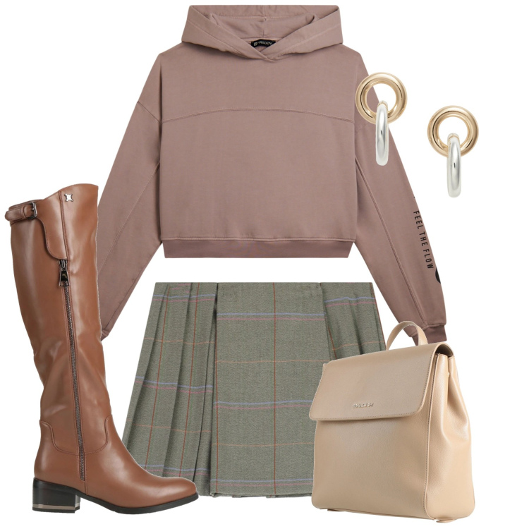 Outfit donna - In città con stivali al ginocchio. Stile Preppy per Tutti i giorni. Abbinamento con stivali, zaini, minigonne, felpe con cappuccio, orecchini.