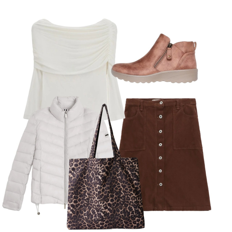 Outfit donna - Total look. Stile Bon Ton per Tutti i giorni. Abbinamento con shopping bag, gonne, maglieria, piumini, stivaletti.