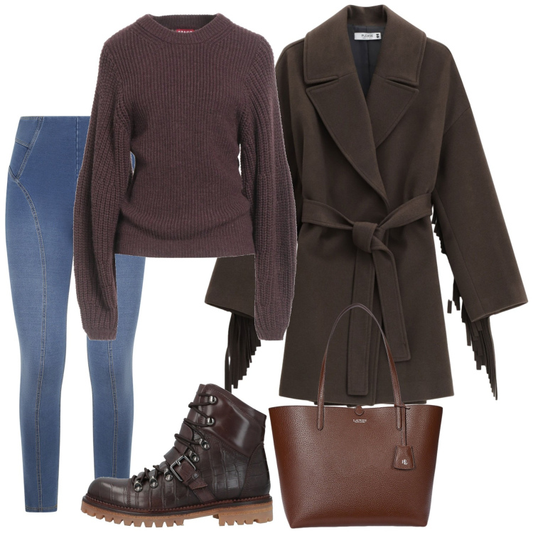 Outfit donna - Moka e denim. Stile Casual per Tutti i giorni. Abbinamento con anfibi, pullovers, cappotti, jeggings, borse tote.