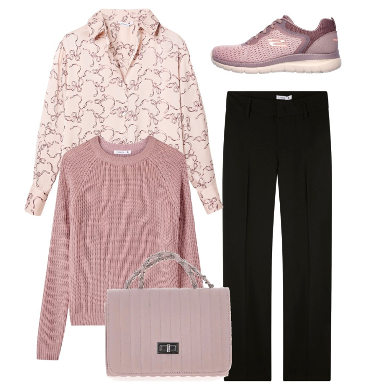 Outfit donna - Total look. Stile Bon Ton per Ufficio. Abbinamento con maglieria, pantaloni, camicie, borse a tracolla, sneakers.