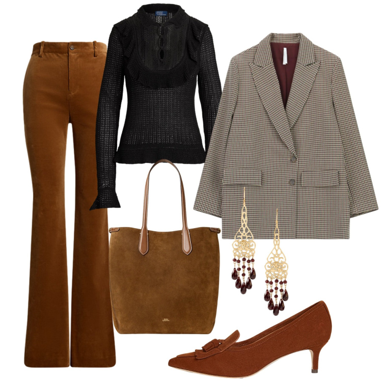 Outfit donna - Serata elegante in lana e velluto - Focu. Stile Chic per Serata fuori. Abbinamento con blazer, décolleté, pantaloni, borse tote, orecchini, maglieria.