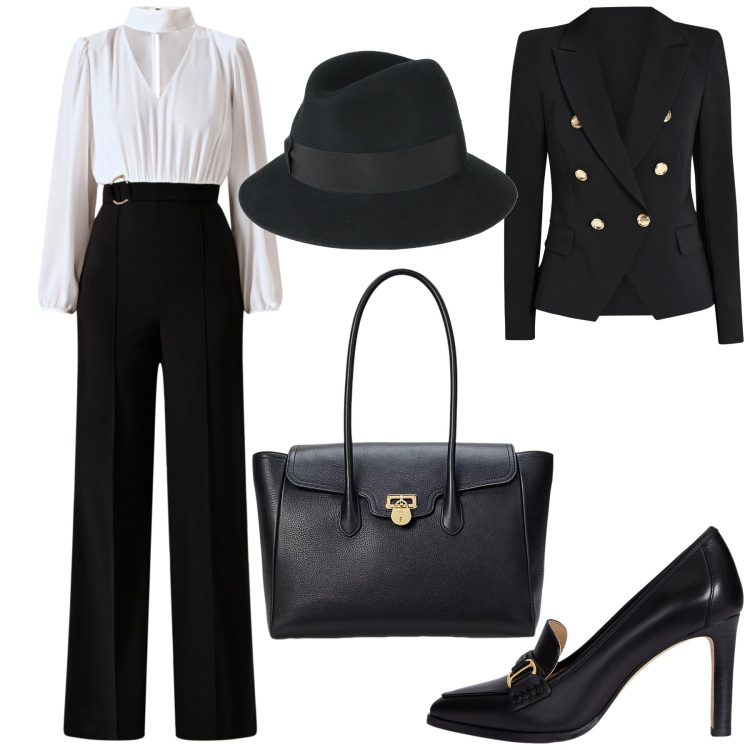 Outfit donna - Total look #2321009. Stile Chic per Ufficio. Abbinamento con cappelli, borse a mano, décolleté, tute, blazer.
