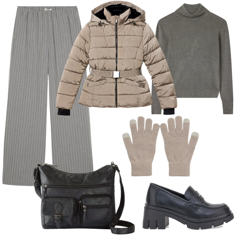 Outfit donna - Gennaio minimal. Stile Minimal per Tutti i giorni. Abbinamento con pantaloni, borse a tracolla, piumini, maglieria, guanti, mocassini.