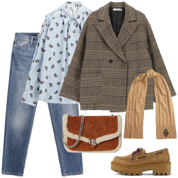 Outfit donna - Coi jeans. Stile Casual per Scuola/Università. Abbinamento con jeans skinny, camicie, cappotti, clutch, sciarpe, mocassini.