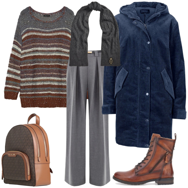 Outfit donna - Total look #2321024. Stile Casual chic per Tutti i giorni. Abbinamento con parka, zaini, sciarpe, pantaloni a palazzo, maglieria, anfibi.