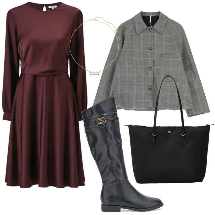 Outfit donna - Passeggiata in città. Stile Romantica per Tutti i giorni. Abbinamento con blazer, vestiti midi/longuette, borse tote, collane, stivali sopra il ginocchio.