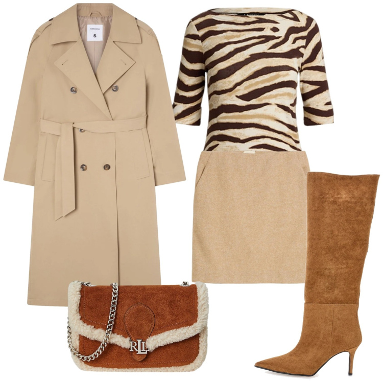 Outfit donna - Total look #2321038. Stile Chic per Tutti i giorni. Abbinamento con gonne, trench, t-shirt, clutch, stivali.