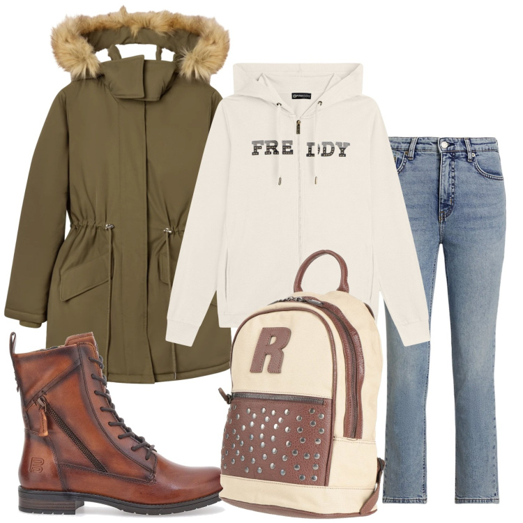 Outfit donna - Total look #2321039. Stile Casual per Scuola/Università. Abbinamento con zaini, parka, felpe con cappuccio, jeans dritti, anfibi.